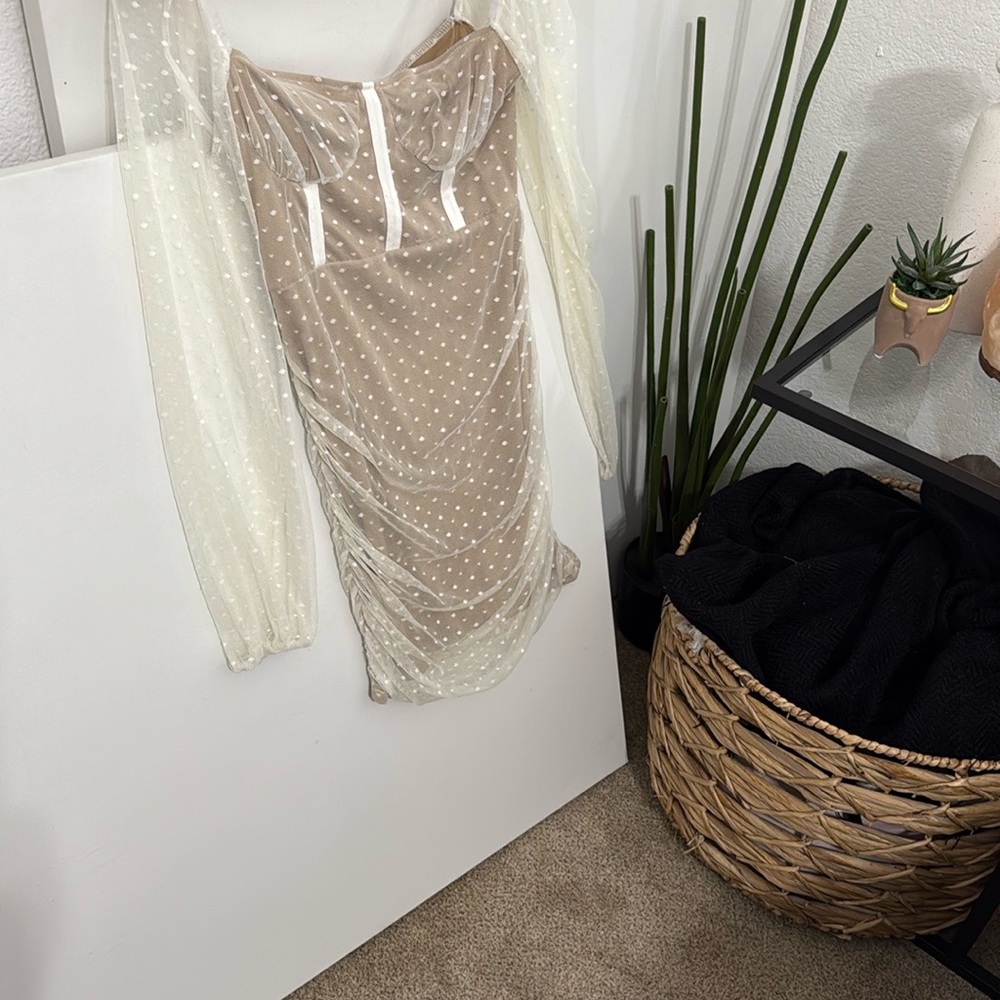 Nude Laced Polka Dot Slip Dress with Laced Sleeves